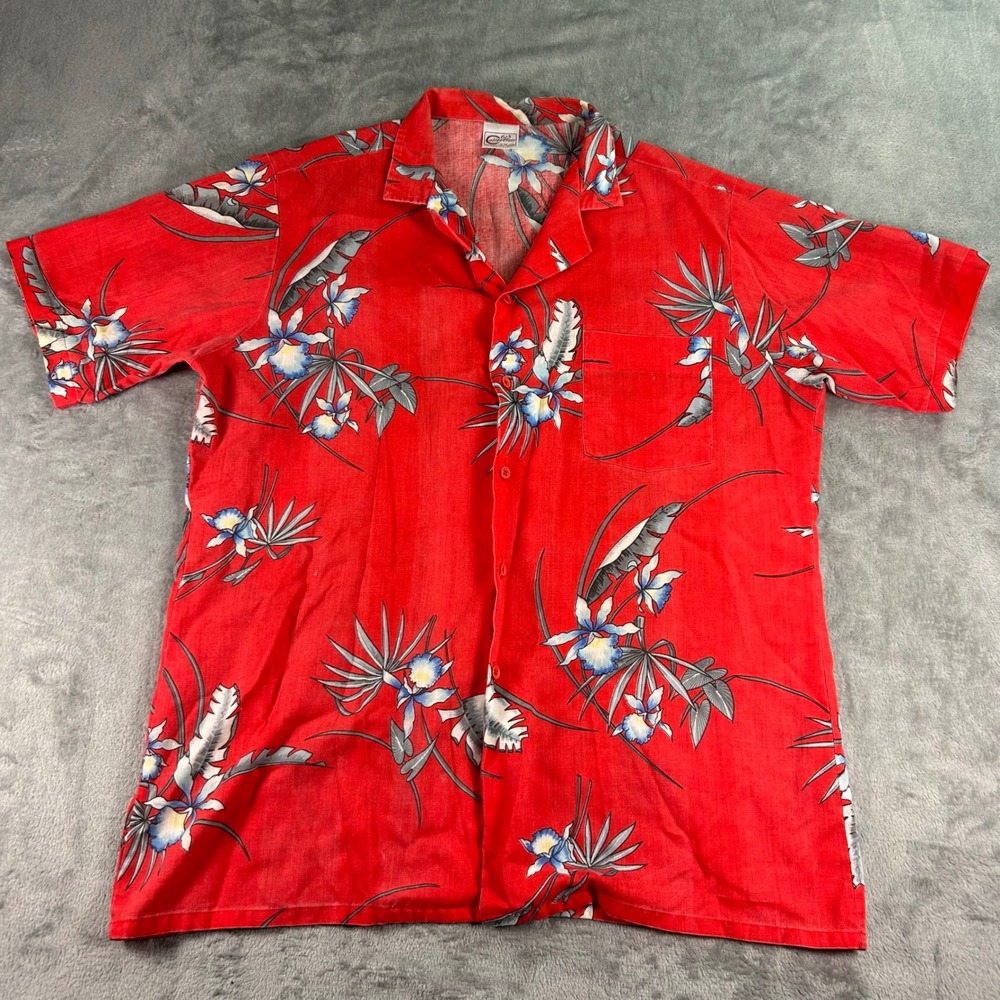 Vintage 615 Collection Mens Red Floral Orchid Tropical Camp Shirt Made in USA M